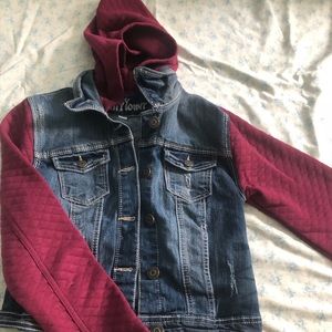 Jean jacket with burgundy accent sleeves and hood